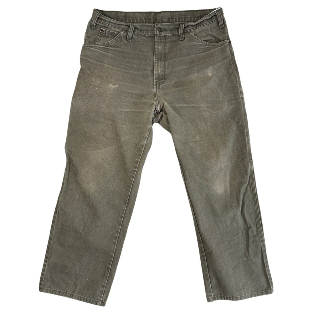 Dickies Carpenter Pants Mens Duck Canvas Distressed 34 x 27 Olive Green